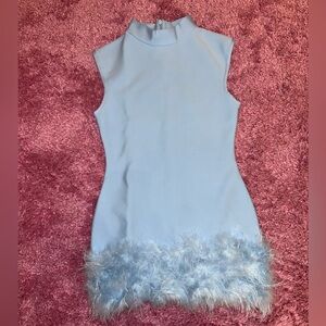 Sleeveless Blue Bodycon Dress with Feather Trim
